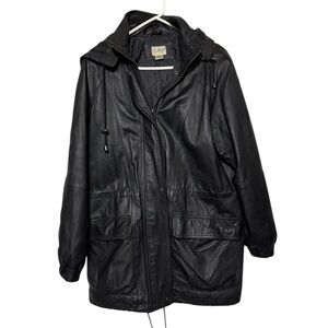 Liz Baker Mens Black Genuine Leather Anorak Utility Cargo Coat Jacket Size Small